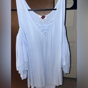 Silky light blue off the shoulder shirt. Short sleeved